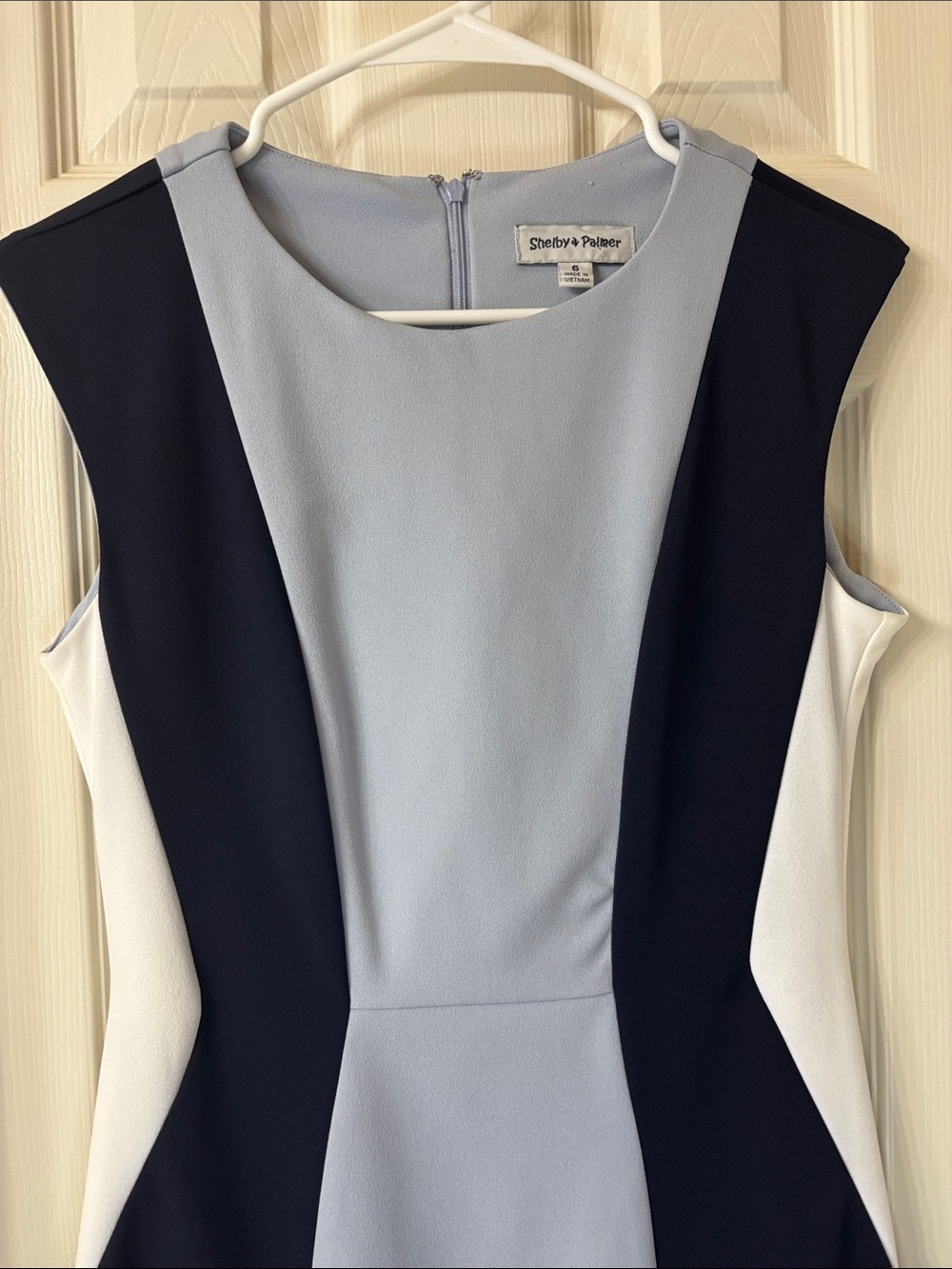 Shelby & Palmer Light Blue, Navy & White Sleeveless Colorblock Sheath Dress - Picture 4 of 4